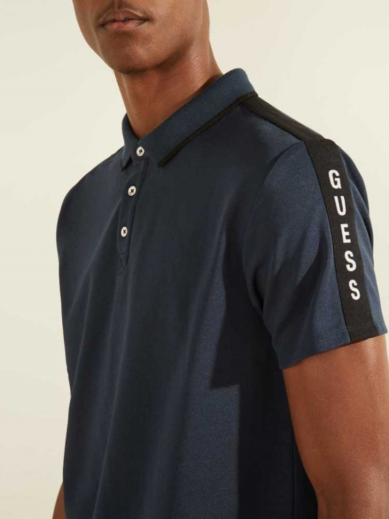 Men's Guess Pique Logo-Taping Polo Shirts Blue | 7498-USVOM