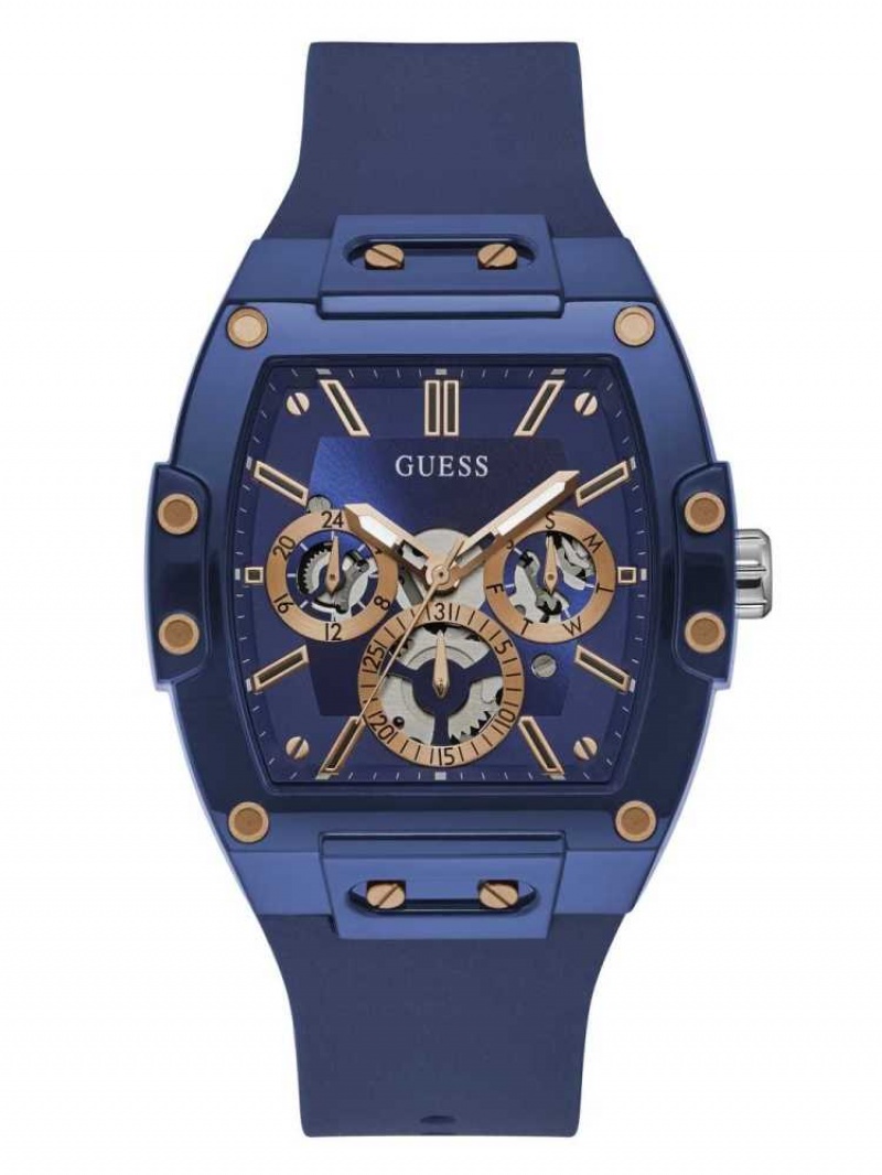 Men\'s Guess Rose Gold-Tone and Blue Silicone Multifunction Watches Multicolor | 5847-RXPNJ