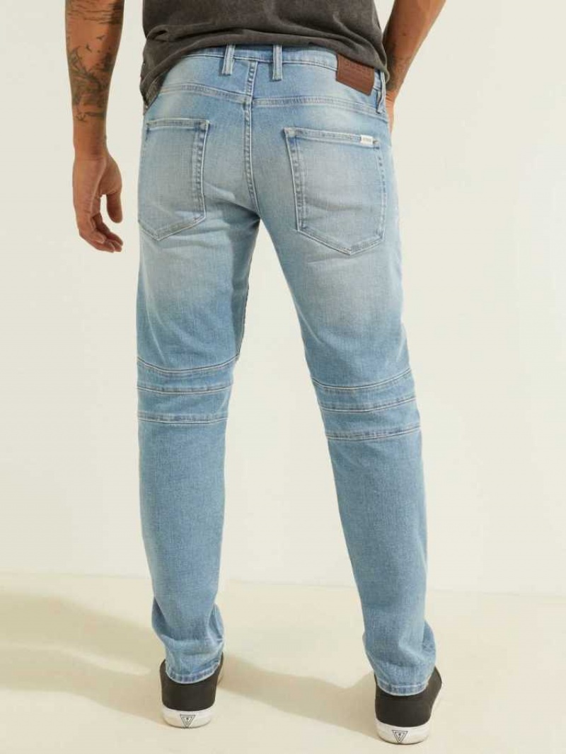 Men's Guess Slim Tapered Pintuck Moto Jeans Blue White | 8265-XARWZ