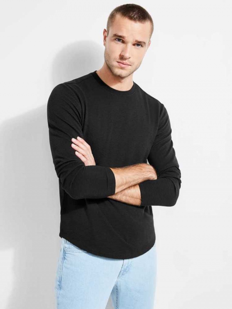 Men's Guess Textured Jersey Crewneck Sweatshirt Black | 8173-IEPWZ