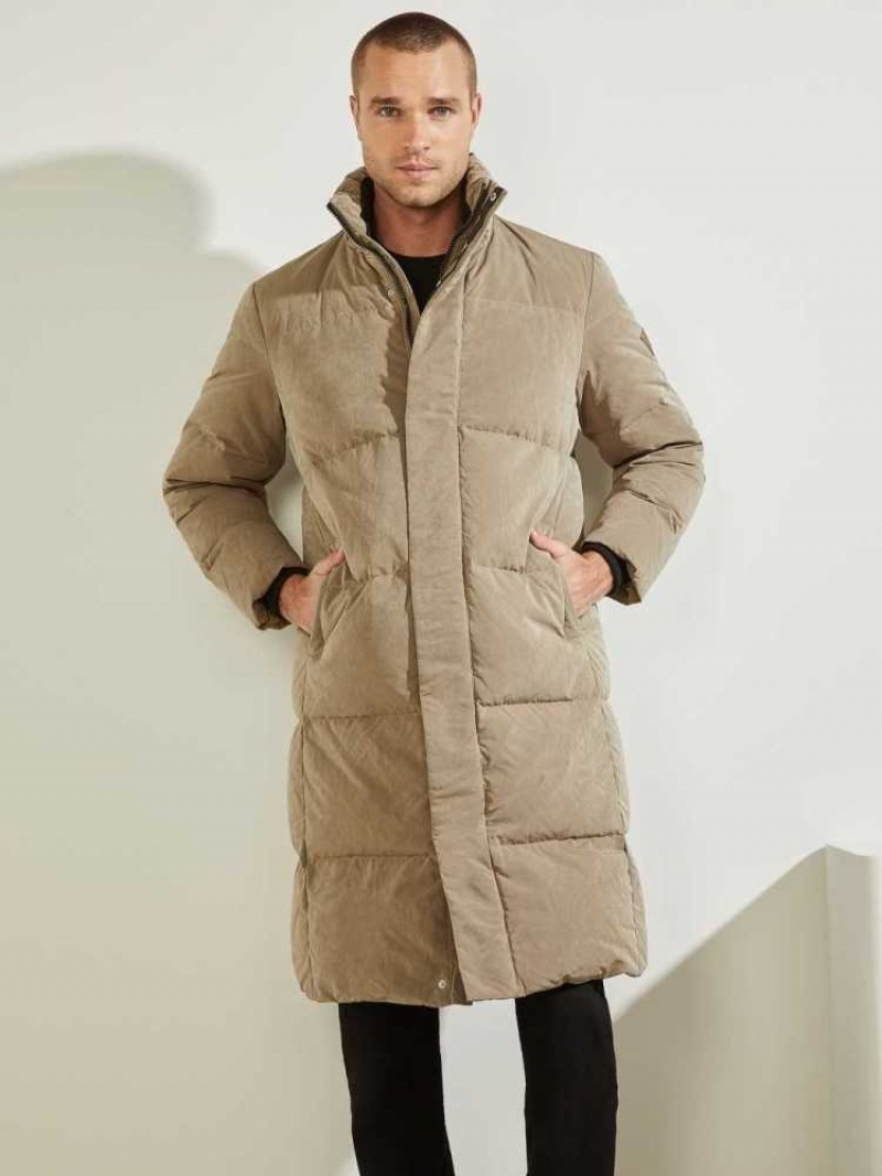 Men's Guess Warm Touch Long Puffer Jackets Khaki | 0796-VYZRM