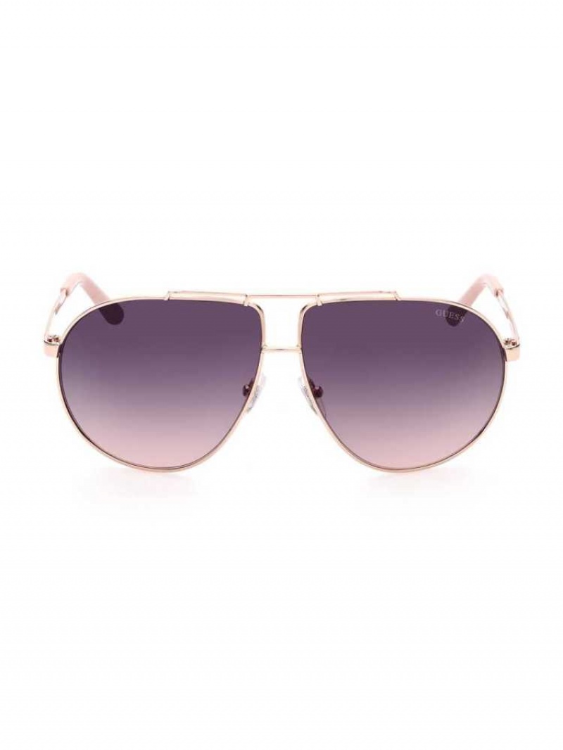 Women\'s Guess Aviator Metal Sunglasses White Gold | 7042-WJRSX