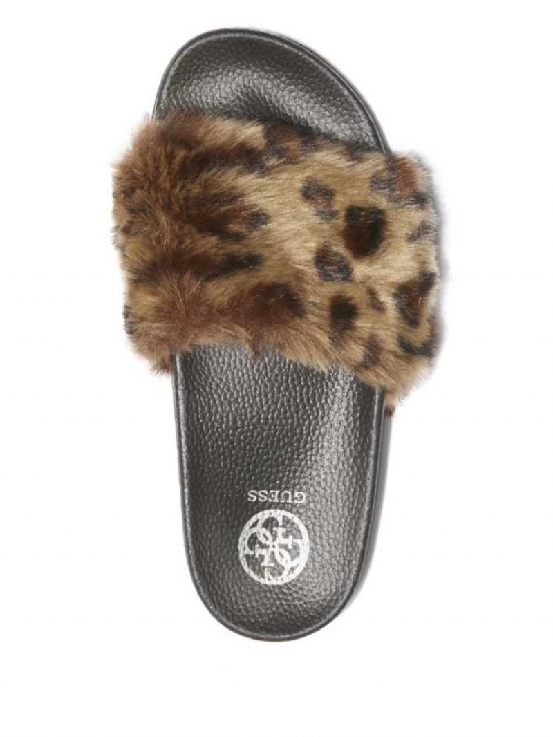 Women's Guess Buffie Leopard Faux-Fur Slide Slide Sandals Brown | 1794-LQIOW
