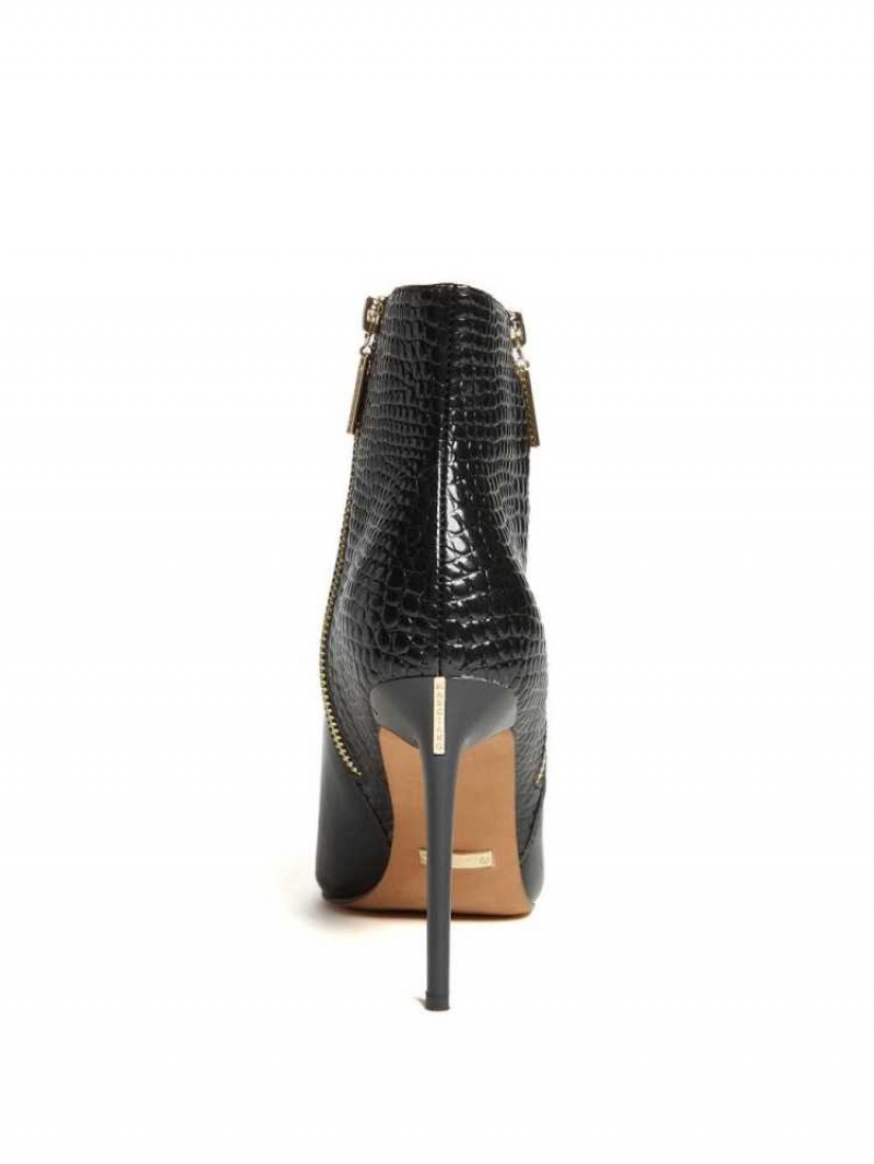 Women's Guess Croc Leather Zipper Booties Black | 5630-TNVXC