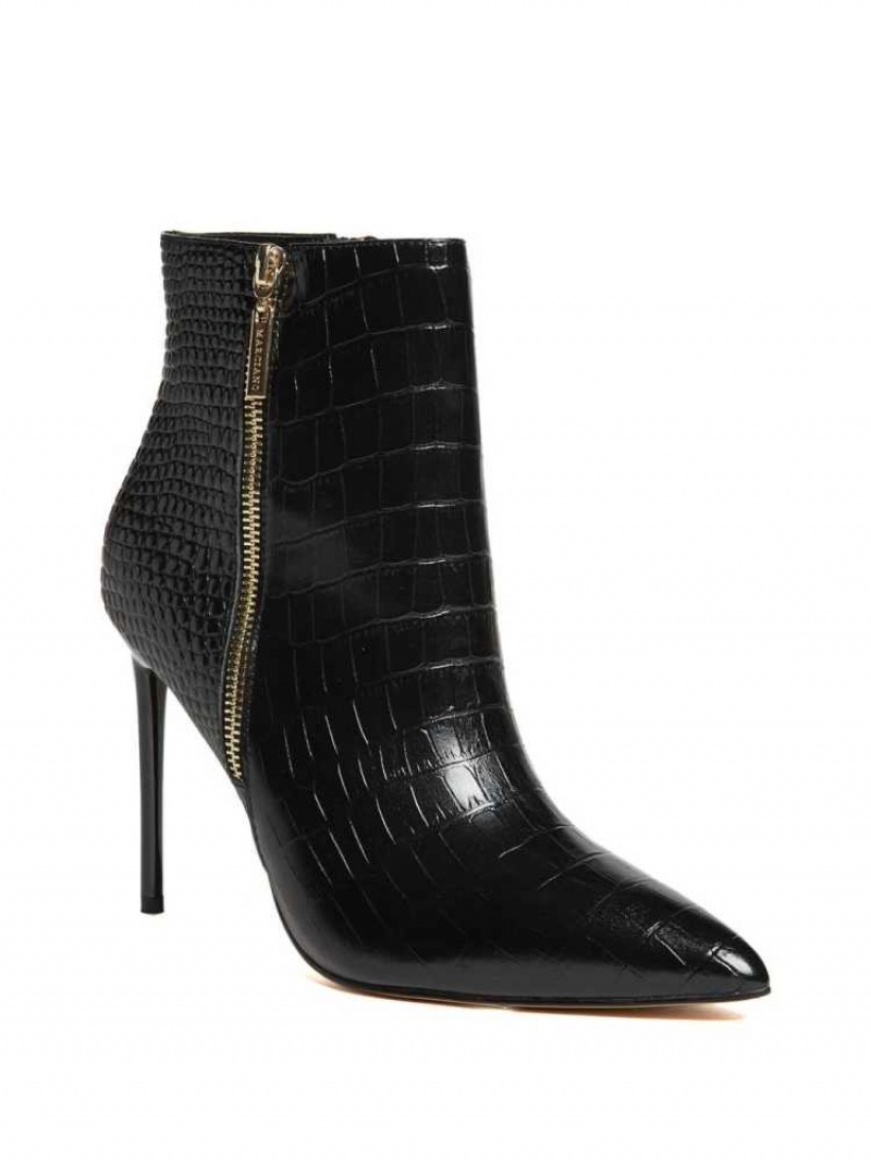 Women\'s Guess Croc Leather Zipper Booties Black | 5630-TNVXC