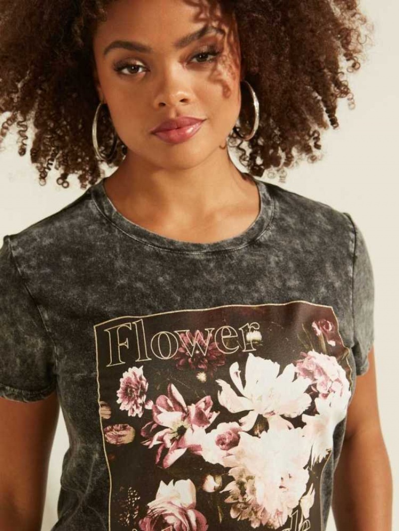 Women's Guess Eco Flower A La Mode Easy T-Shirts Black Multicolor | 6291-LIKRJ