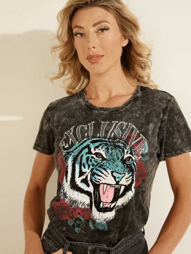 Women's Guess Eco Tiger Rose Easy T-Shirts Black Multicolor | 3907-WPXST