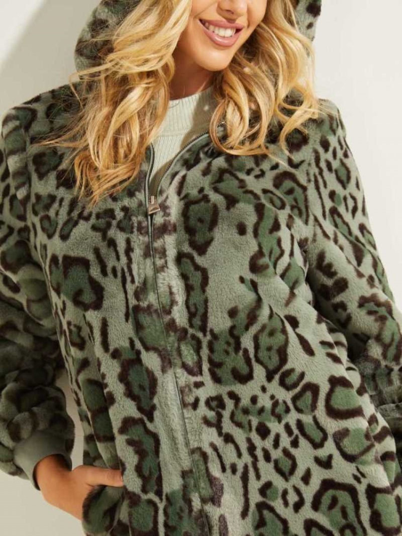 Women's Guess Fernanda Leopard Faux-Fur Coats Green Olive | 7130-TPNHV