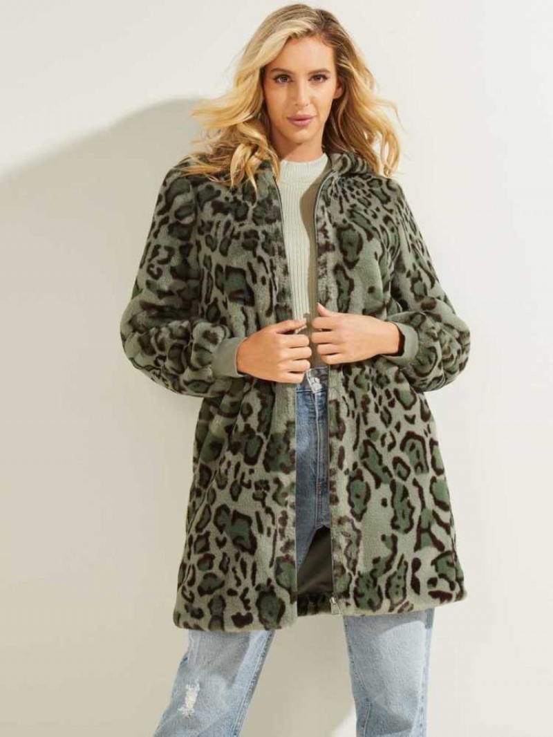 Women\'s Guess Fernanda Leopard Faux-Fur Coats Green Olive | 7130-TPNHV