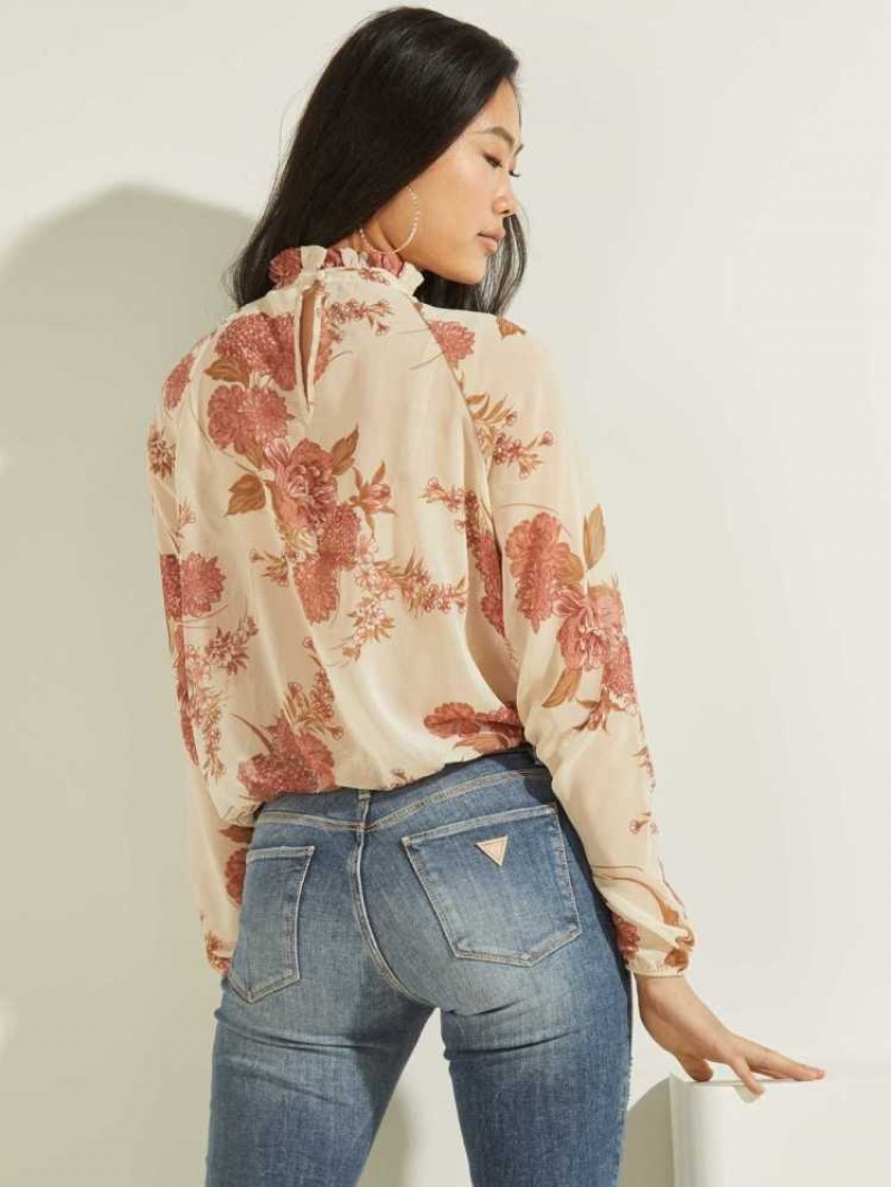 Women's Guess Floral Puff Sleeve Blouse Pink Flower | 0937-NSDTW