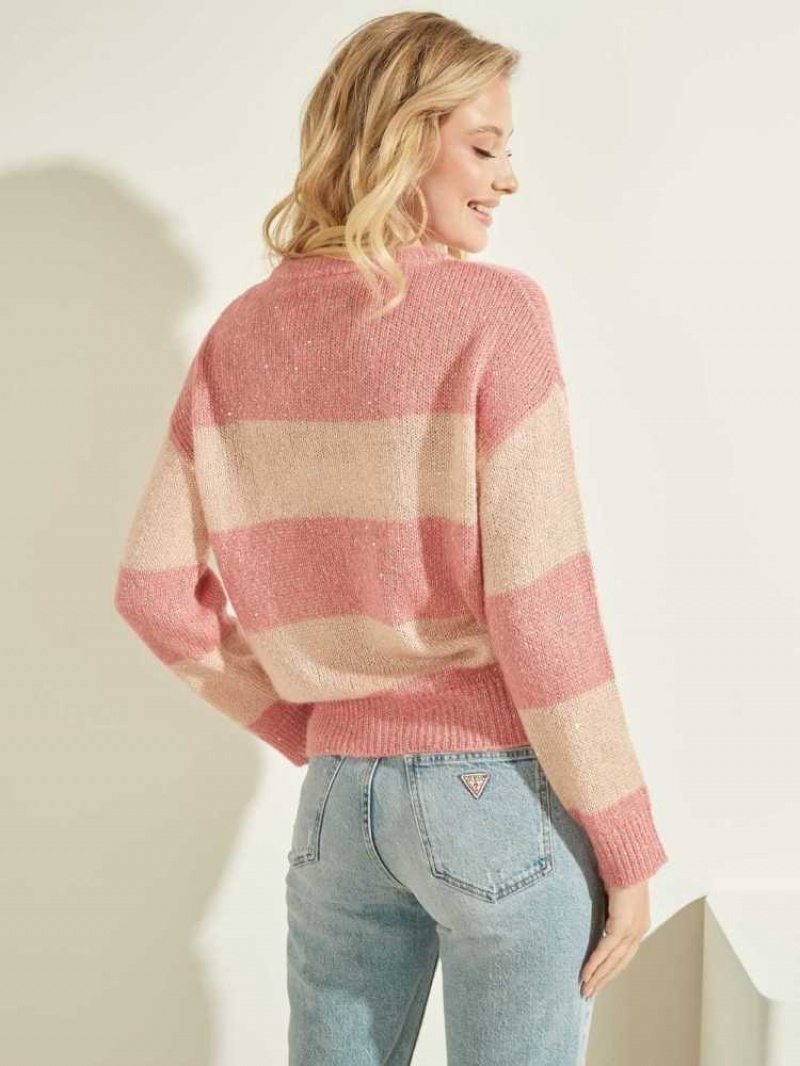 Women's Guess Lorraine Stripe Alpaca-Blend Sweaters Pink | 8562-EBGZJ