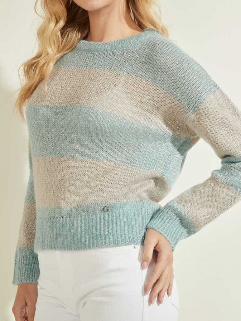 Women's Guess Lorraine Stripe Alpaca-Blend Sweaters Blue | 0845-DZNXR