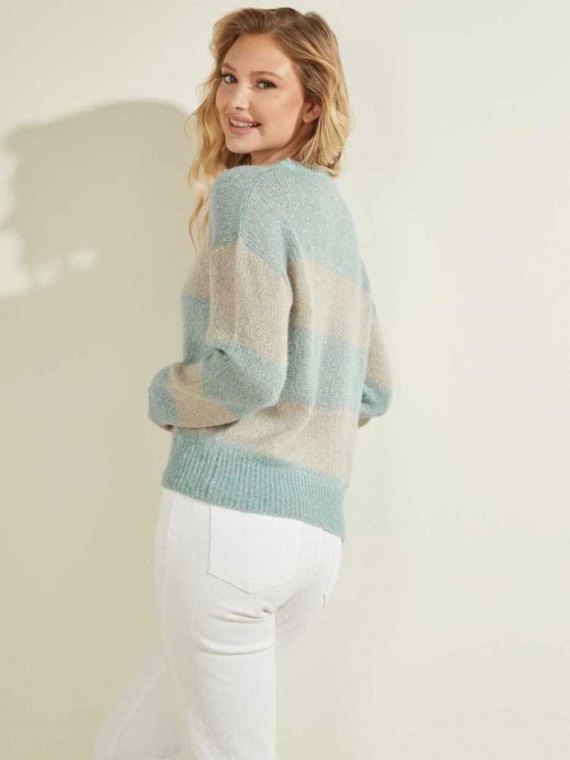 Women's Guess Lorraine Stripe Alpaca-Blend Sweaters Blue | 0845-DZNXR