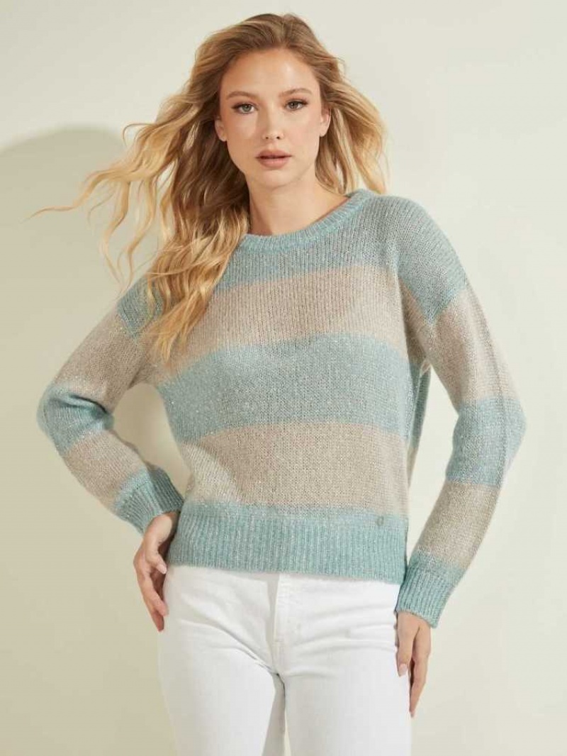 Women\'s Guess Lorraine Stripe Alpaca-Blend Sweaters Blue | 0845-DZNXR