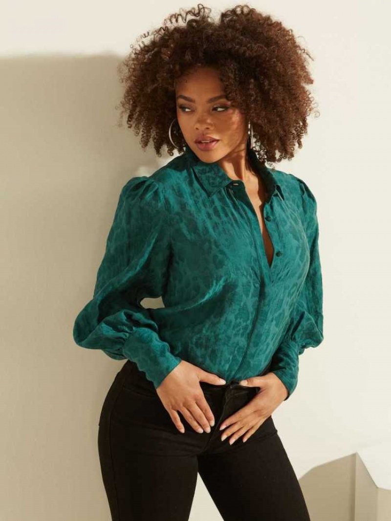 Women\'s Guess Raven Button-Up Shirts Green | 8316-BYQTX