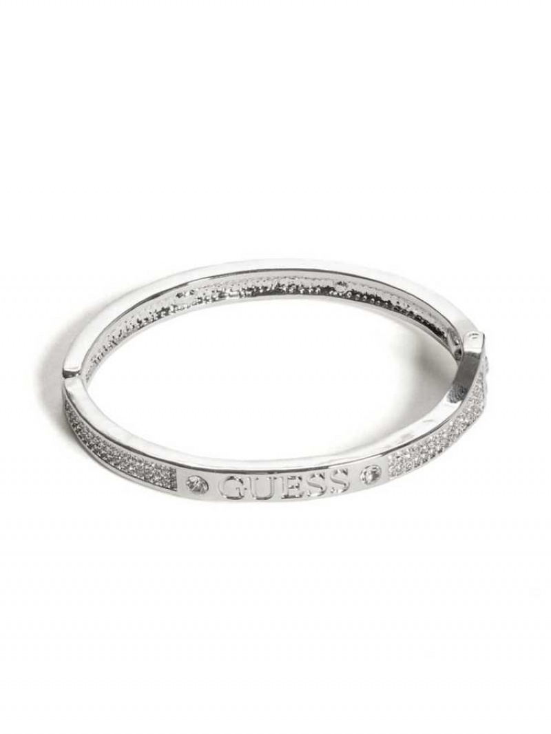 Women's Guess Silver-Tone Rhinestone Bangle Ring Silver | 1685-NCREH