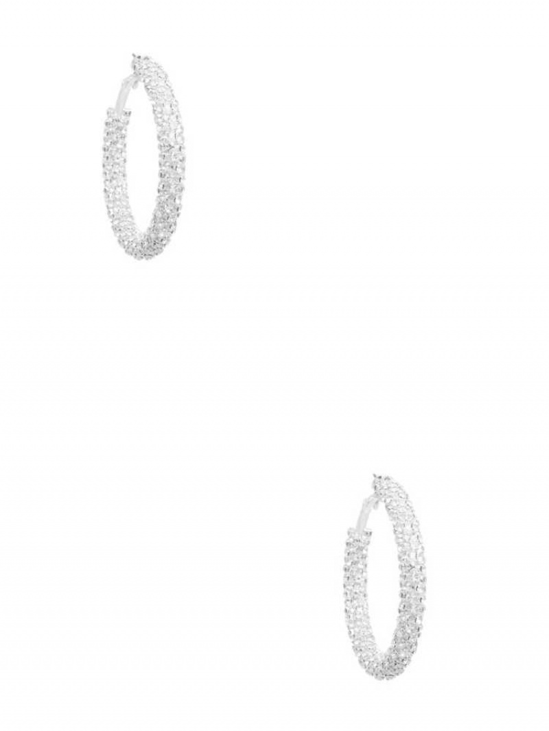 Women's Guess Silver-Tone Rhinestone Hoop Earrings Silver | 4793-VPTWN