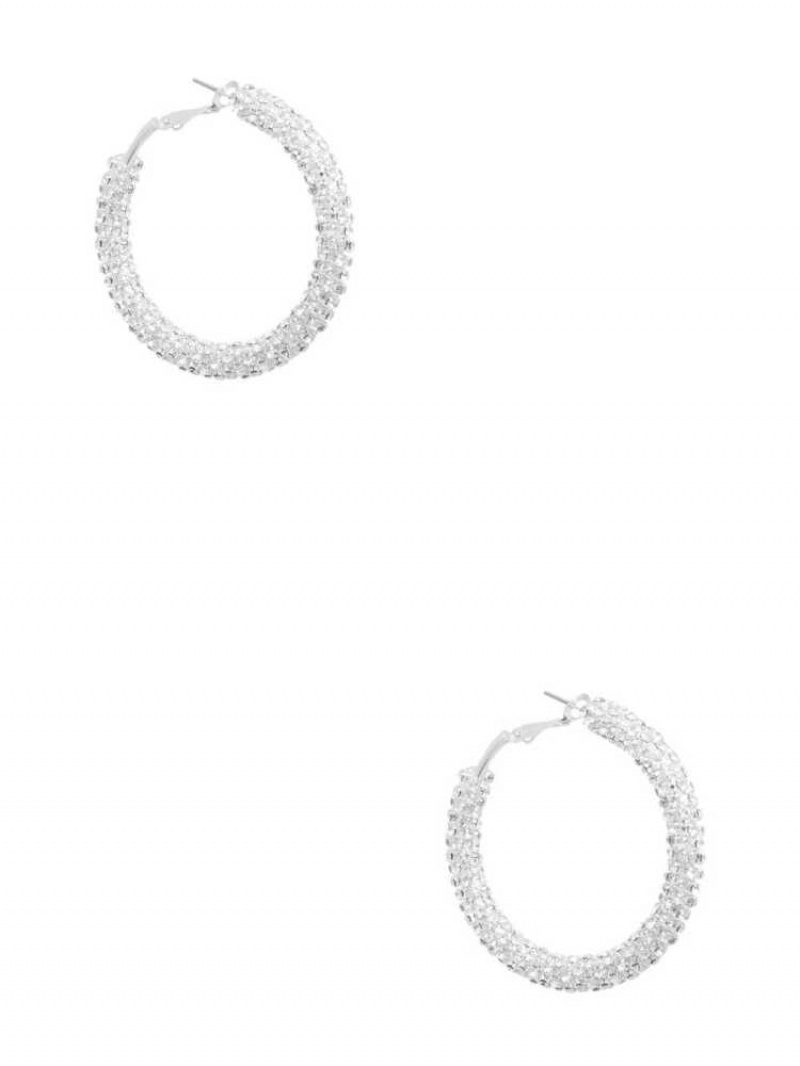 Women\'s Guess Silver-Tone Rhinestone Hoop Earrings Silver | 4793-VPTWN