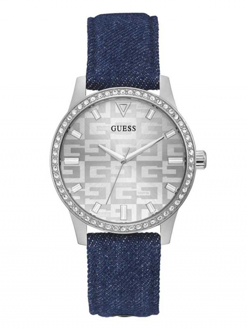Women\'s Guess Silver-Tone and Denim Logo Analog Watches Multicolor | 2740-CVONB