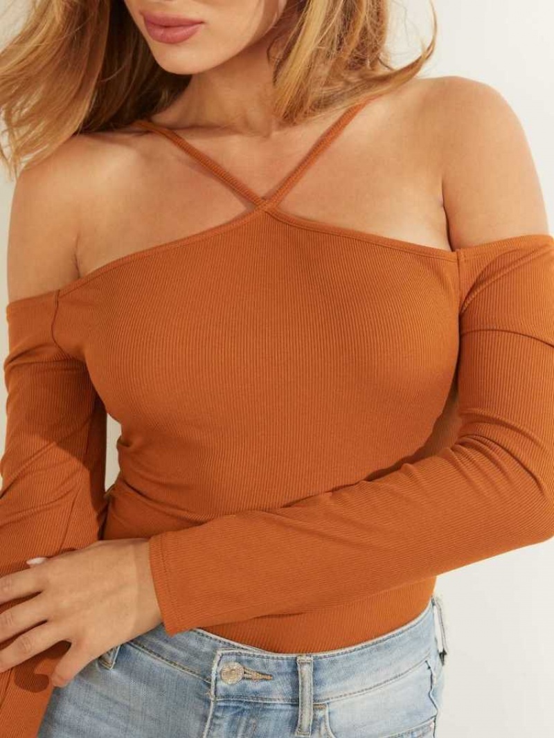 Women's Guess Tiera Cold-Shoulder Top Tops Brown | 4071-DQYCH